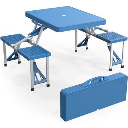 Mesa de picnic plegable Outvita azul con 4 asientos y plegada tipo valija