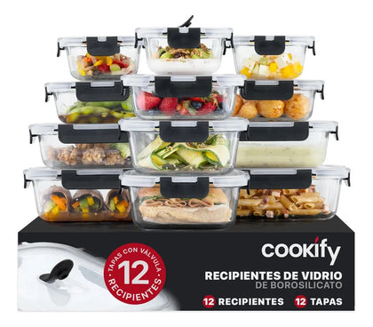Set 12 recipientes de vidrio Cookify con tapa hermética, en su caja