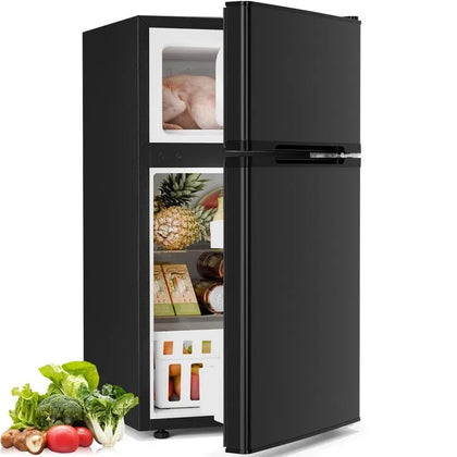 Mini refrigerador negro de 2 puertas con congelador, puertas cerradas