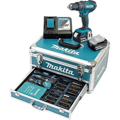 Set Taladro Makita: taladro atornillador, cargador, 2 baterías 18V y maletín con 166 piezas