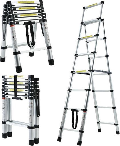 Escalera telescópica de aluminio con marco en A: en tijera, plegada y extendida