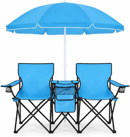 Set de playa plegable azul: 2 sillas con sombrilla y cooler central