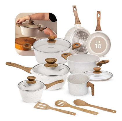 Batería de cocina antiadherente de cerámica de 20 piezas color crema